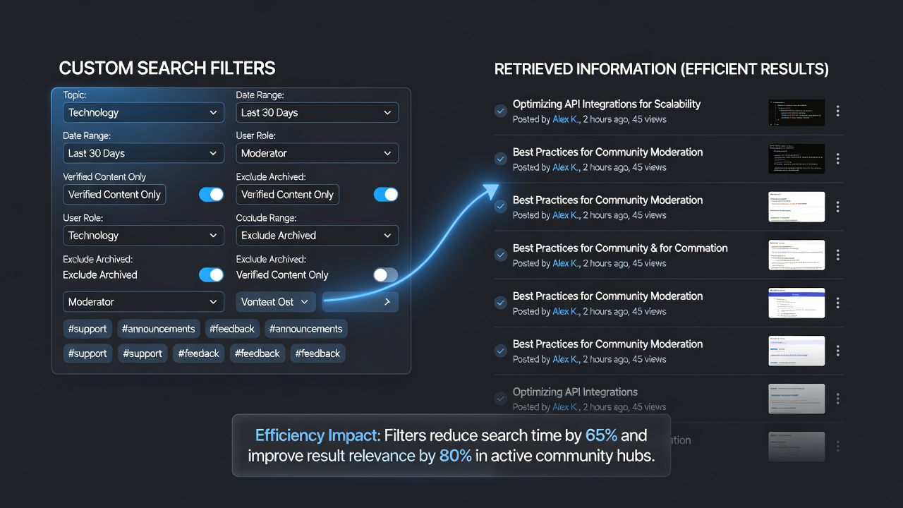 Users interacting with layered search filters on a forum interface with result previews updating dynamically