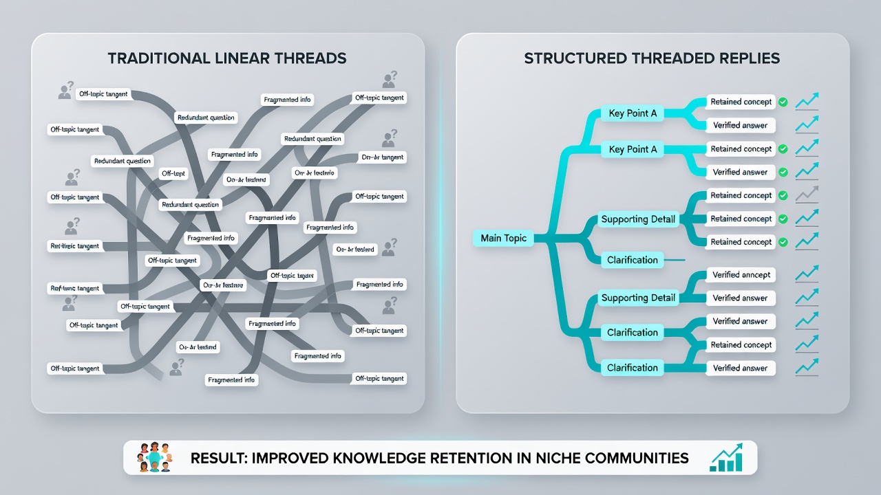 Screenshot of a niche forum thread with expanded replies illustrating knowledge connections
